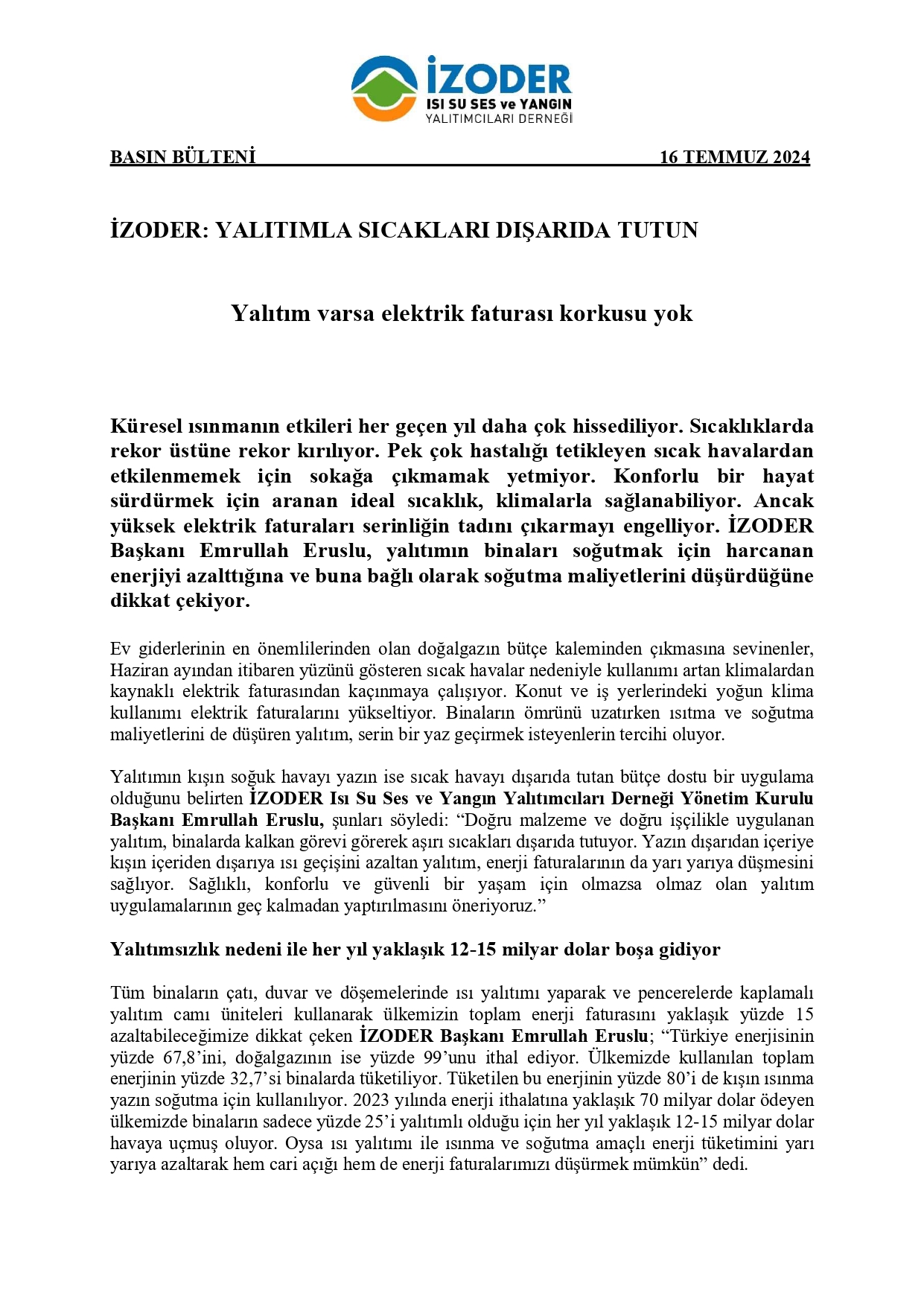 Sıcak Havalara Yalıtımla Önlem